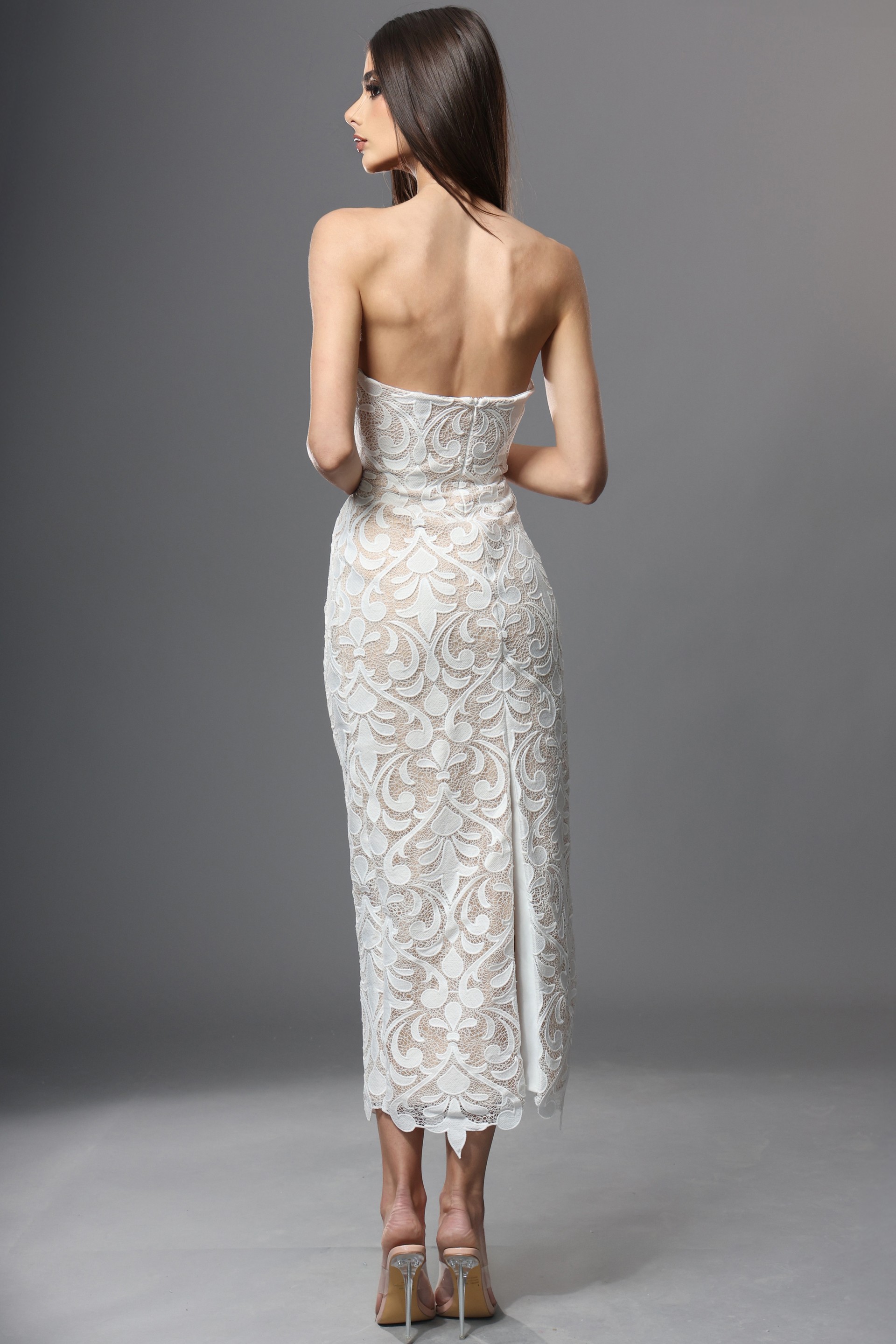 strapless lace midi dress with fitted silhouette
