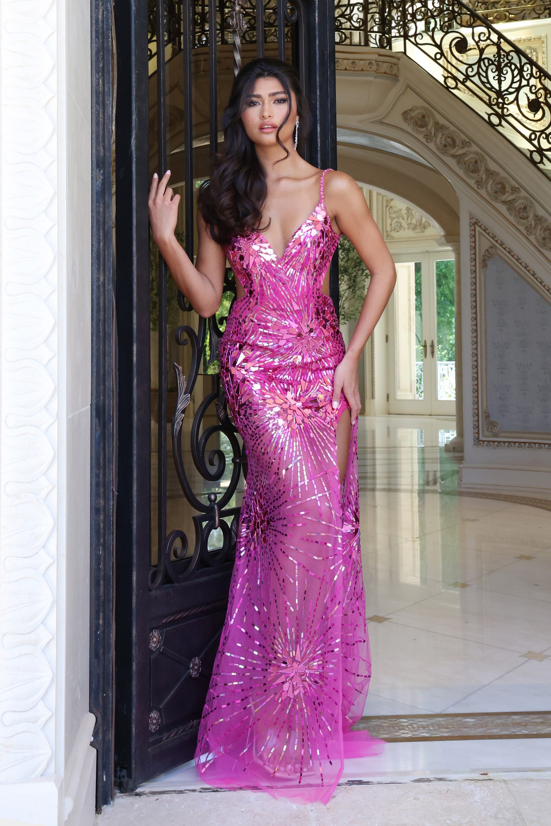 sequin sheer fitted dress with side cutouts