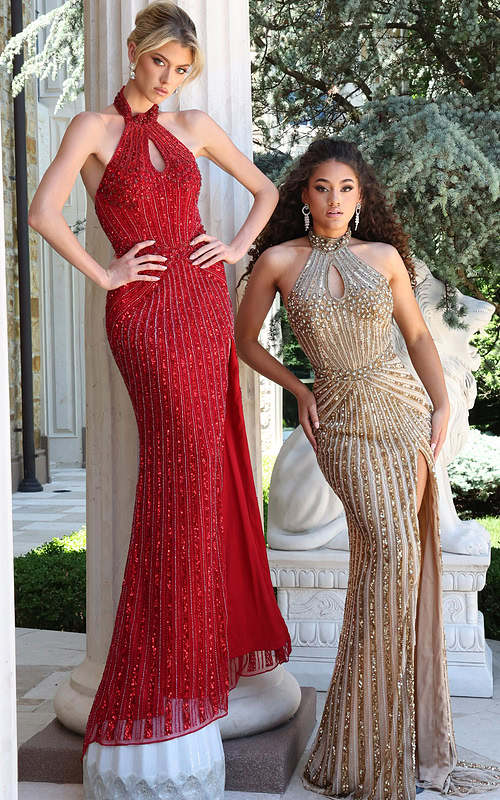 halter sequin gown with keyhole - two girls front, confident pose, varied hairstyles