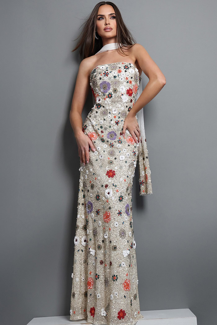 strapless floral embroidered sequin mermaid gown