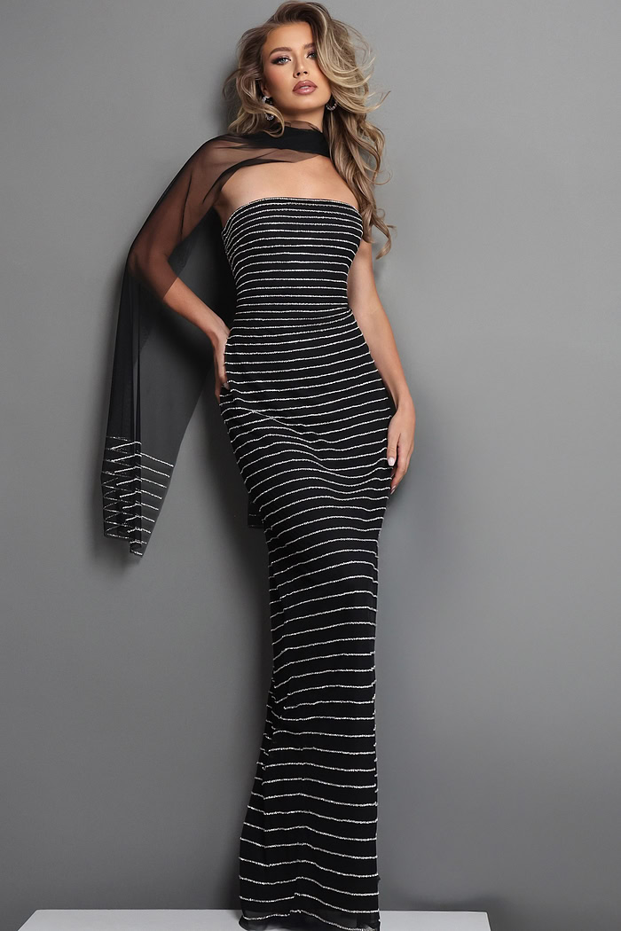 black sheath long dress with strapless sequin stripes