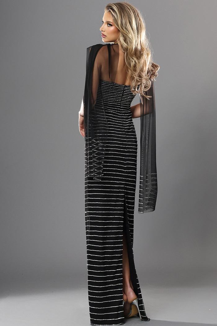 black sheath long dress with strapless sequin stripes