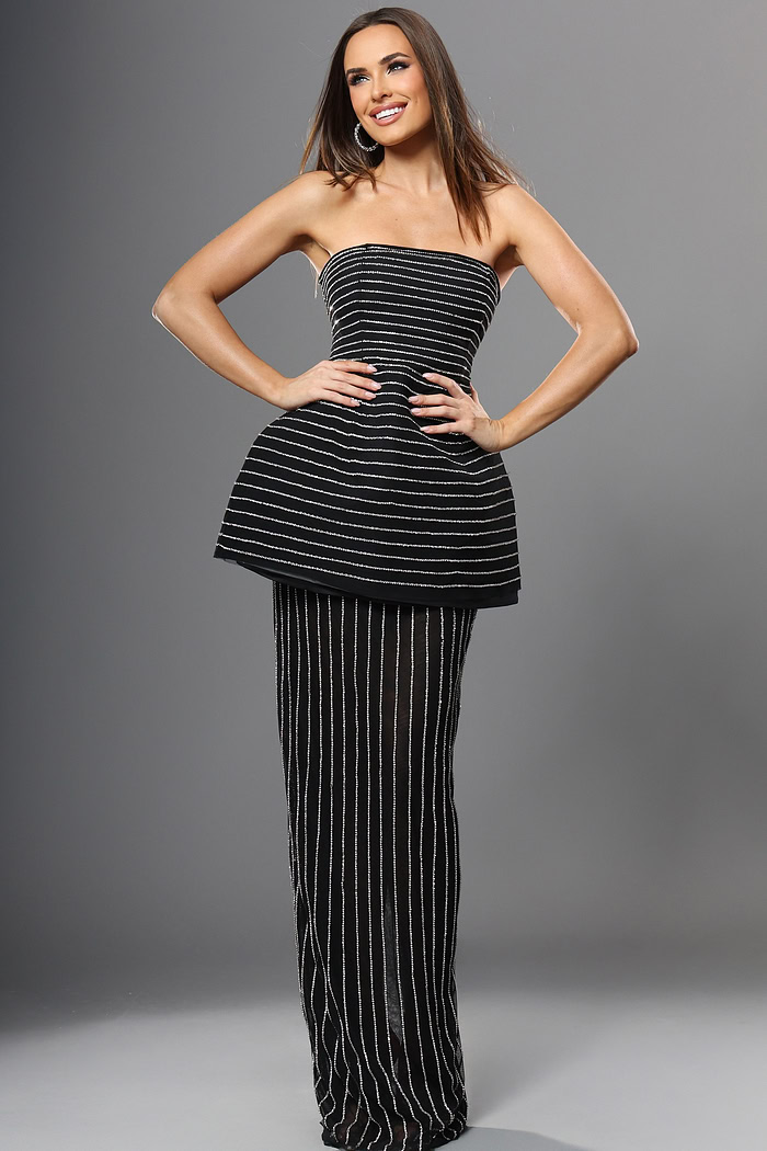 black sheath peplum long dress with strapless silver embellished stripes