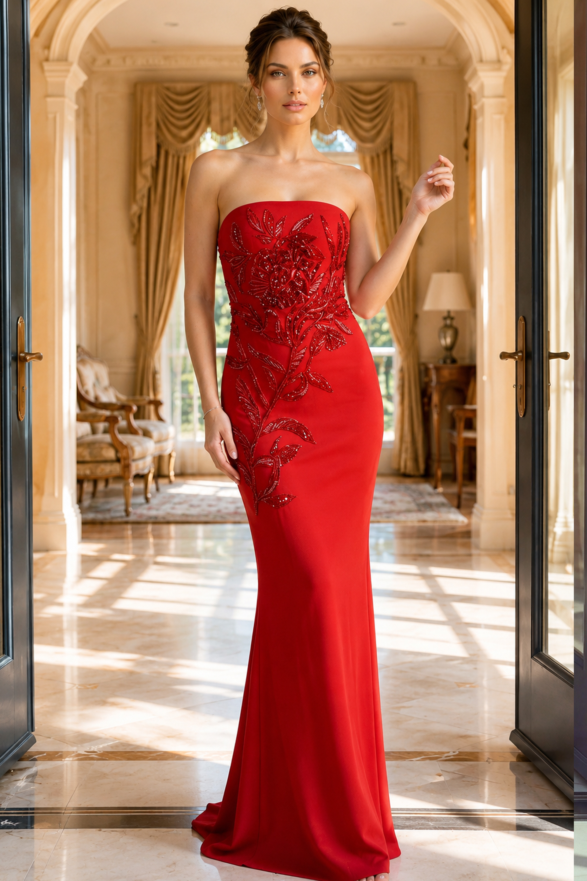red strapless sheath gown with floral beaded applique