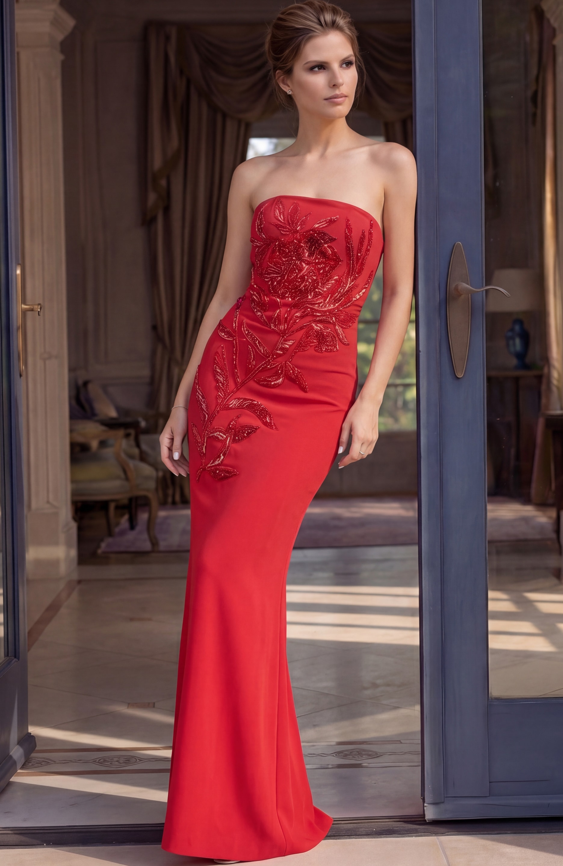 red strapless sheath gown with floral beaded applique