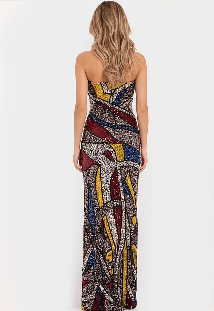 Sequin Gown with Color Block Mosaic Design 48617