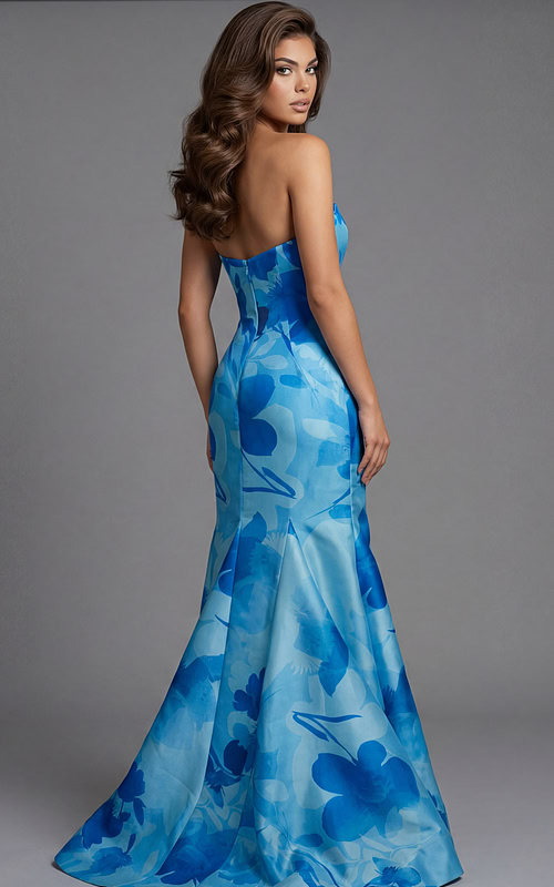 Back view of strapless printed gown with fitted bodice, smooth open back, and flared skirt