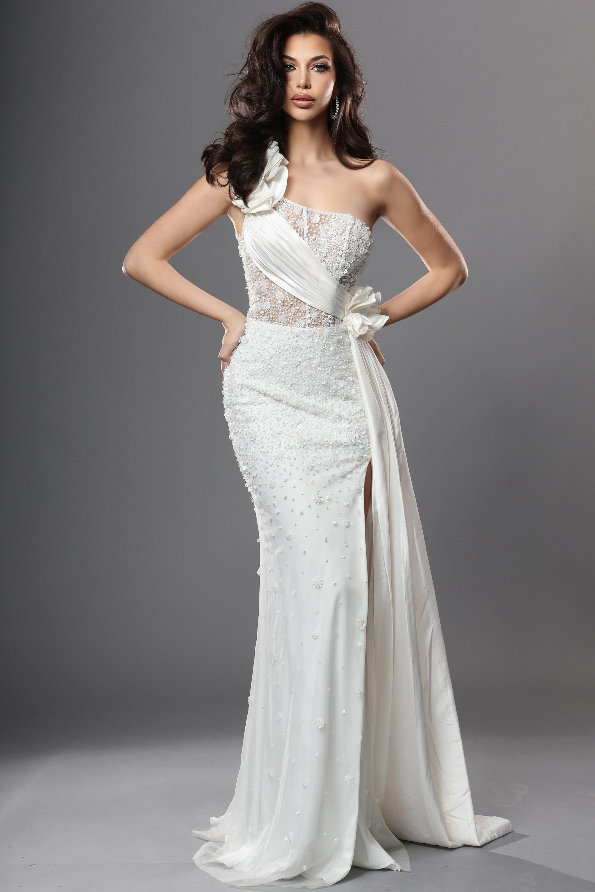 white sheath long dress with one shoulder illusion bodice beaded high slit