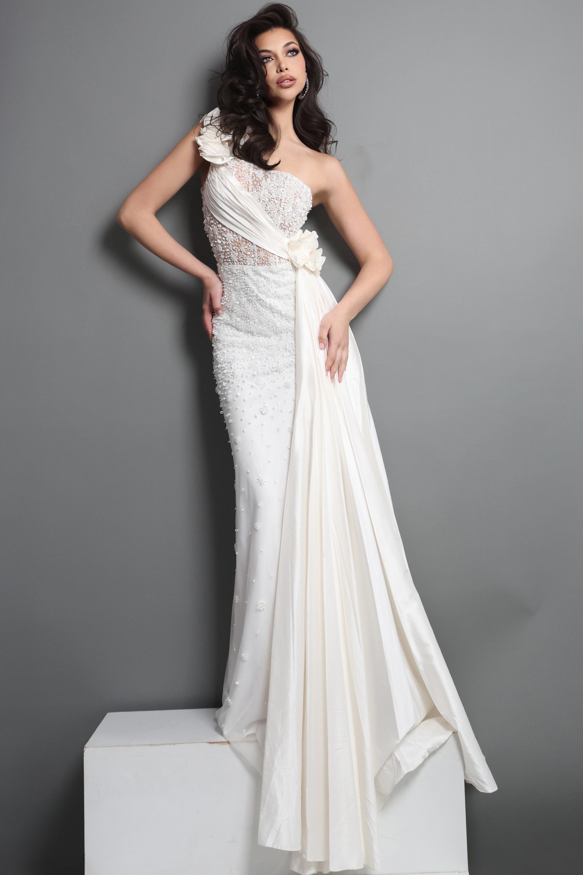 white sheath long dress with one shoulder illusion bodice beaded high slit