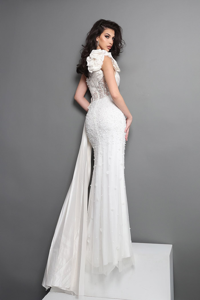 white sheath long dress with one shoulder illusion bodice beaded high slit