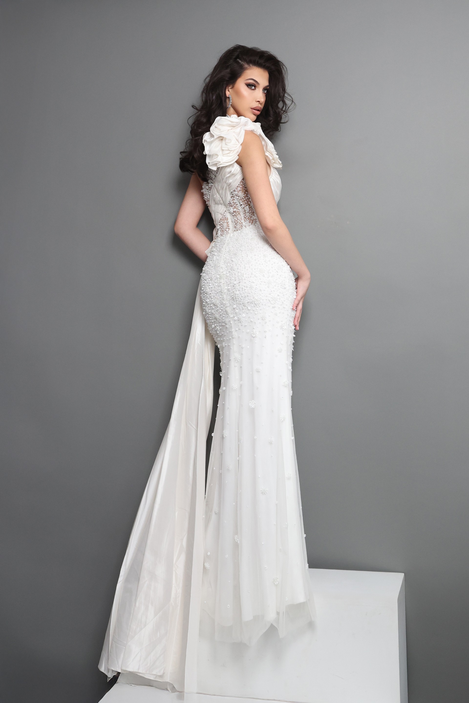 white sheath long dress with one shoulder illusion bodice beaded high slit