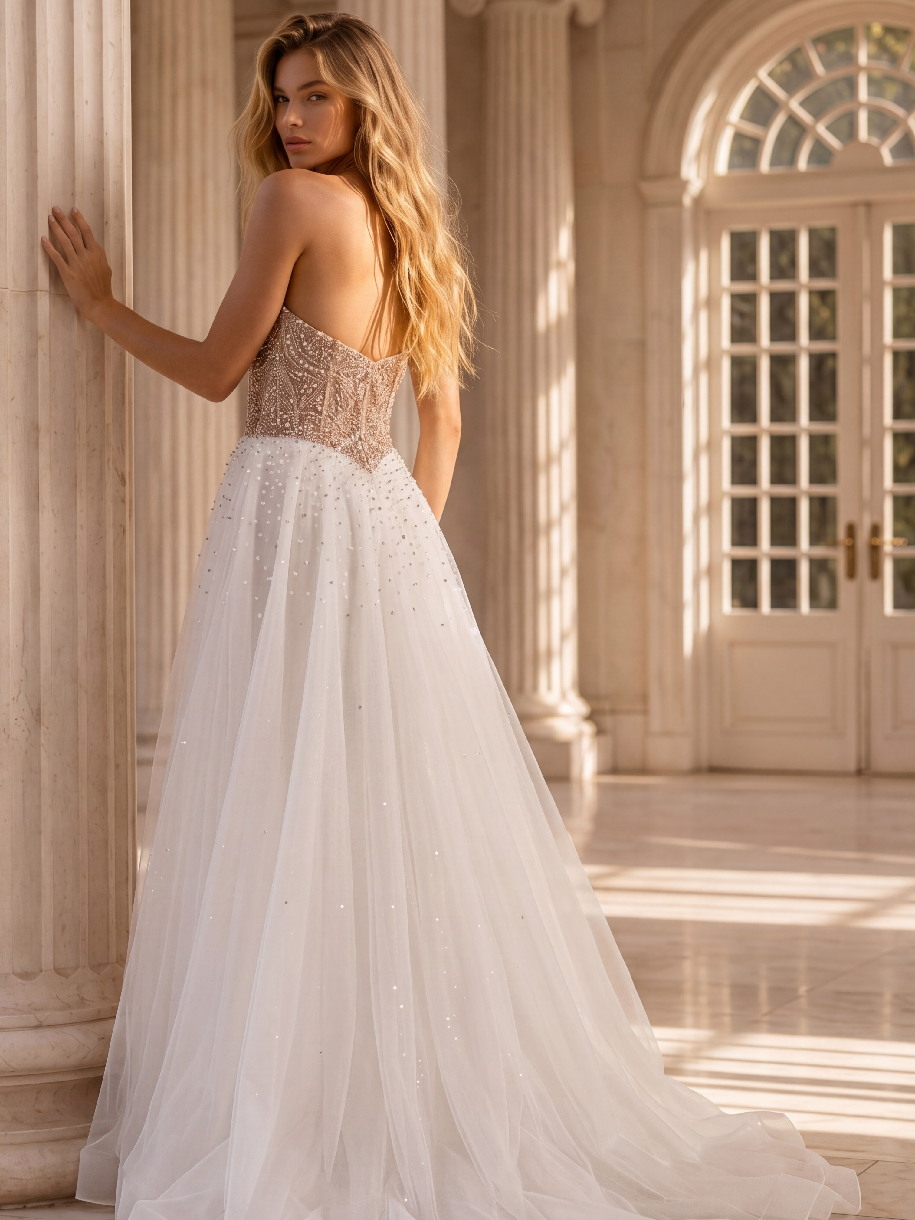 white pageant dress featuring a beaded sweetheart corset top and soft glitter tulle skirt with a sweeping train.