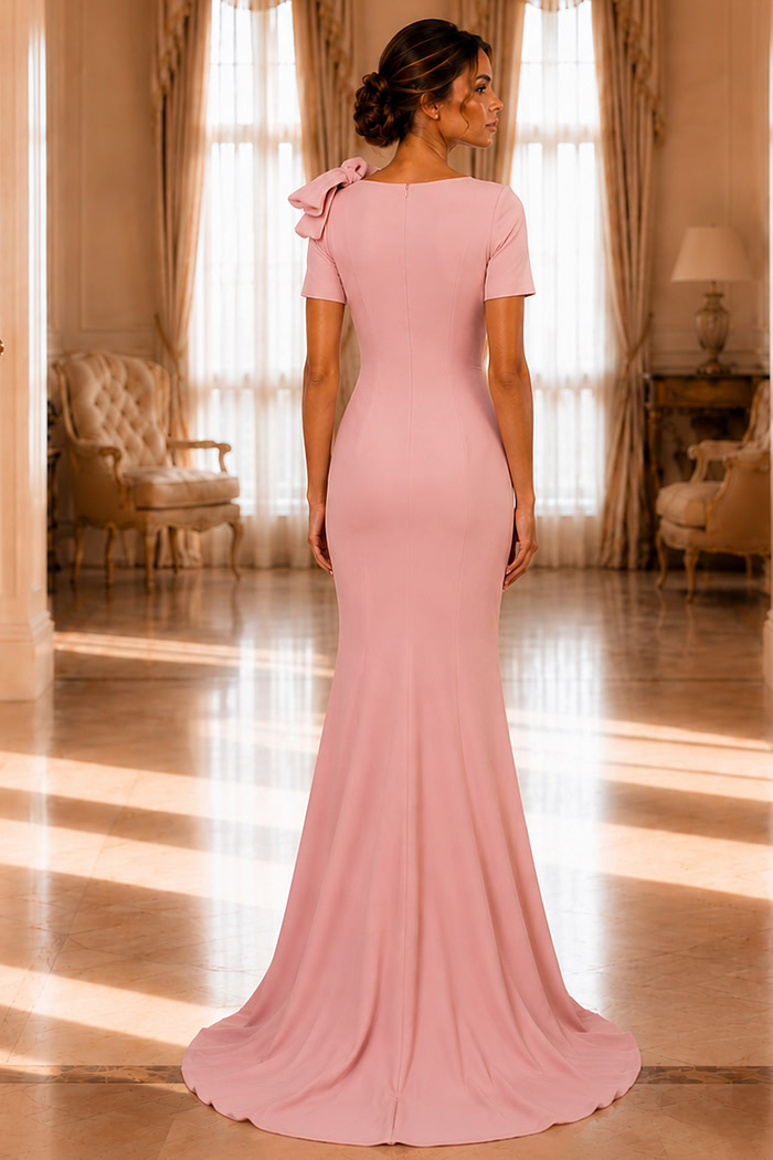 short sleeves mermaid pink dress 48945