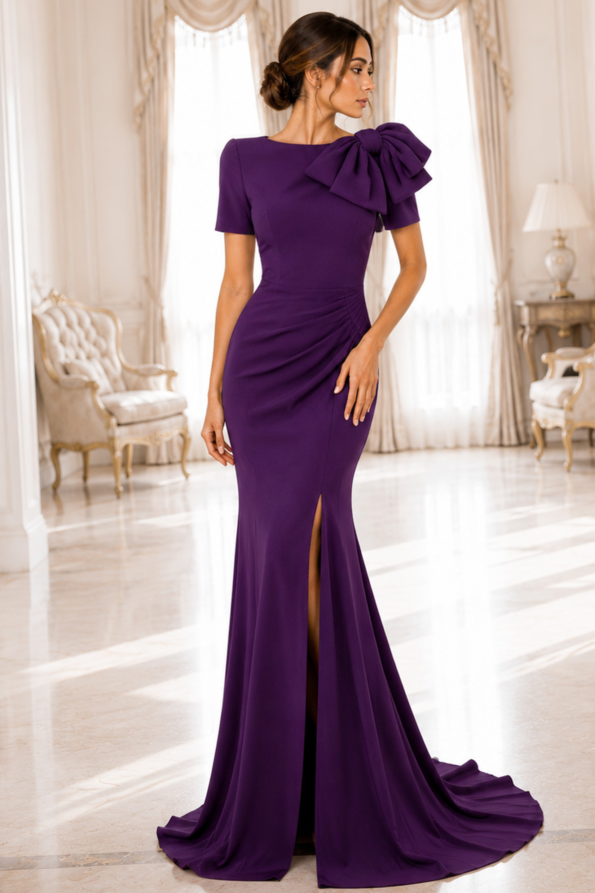 purple mermaid high slit dress 48945