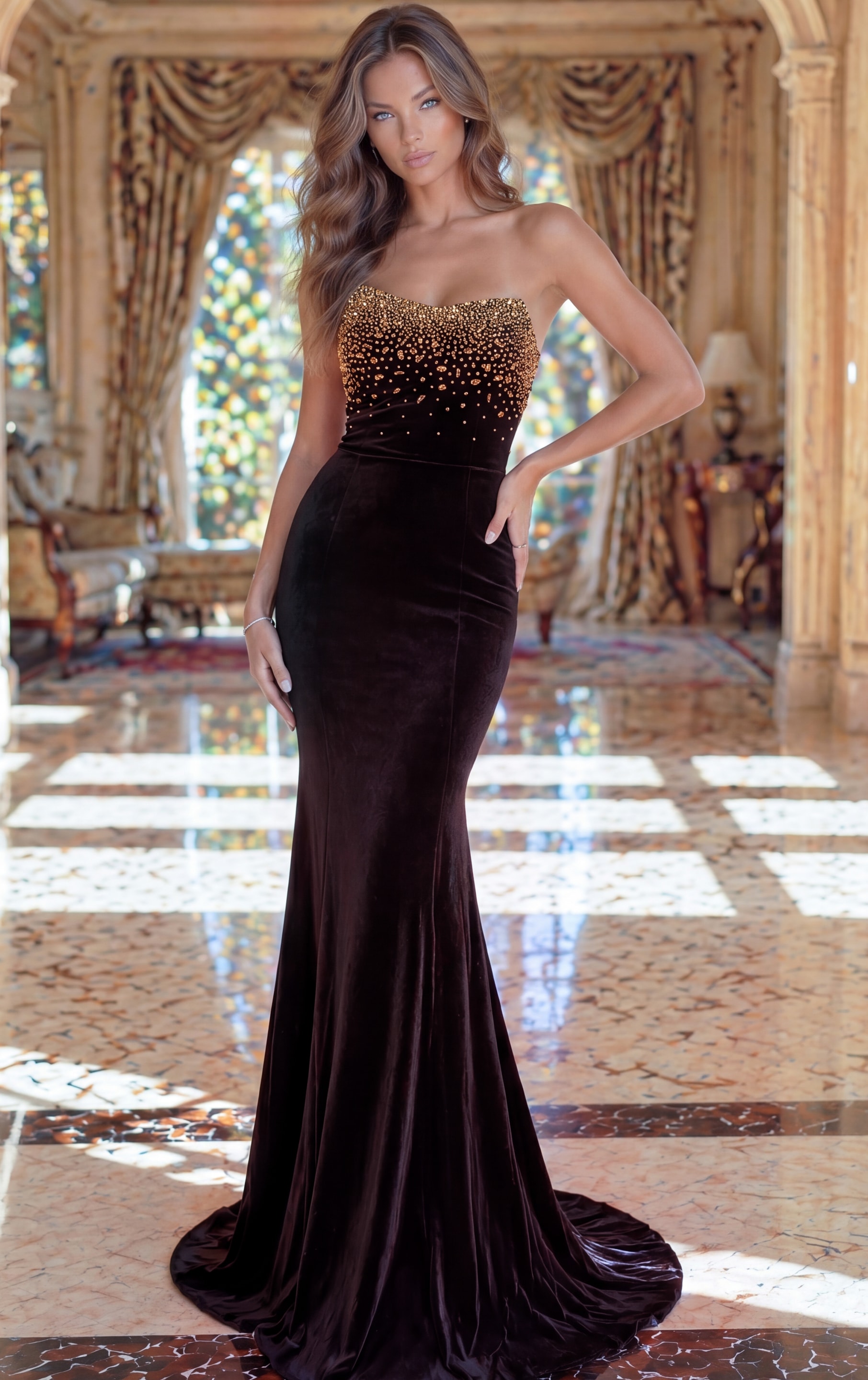 brown velvet strapless sweetheart mermaid gown with illusion beaded bodice