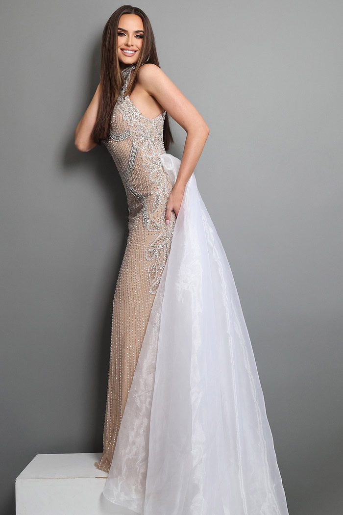 nude silver sheath long dress with high neck halter beaded overskirt