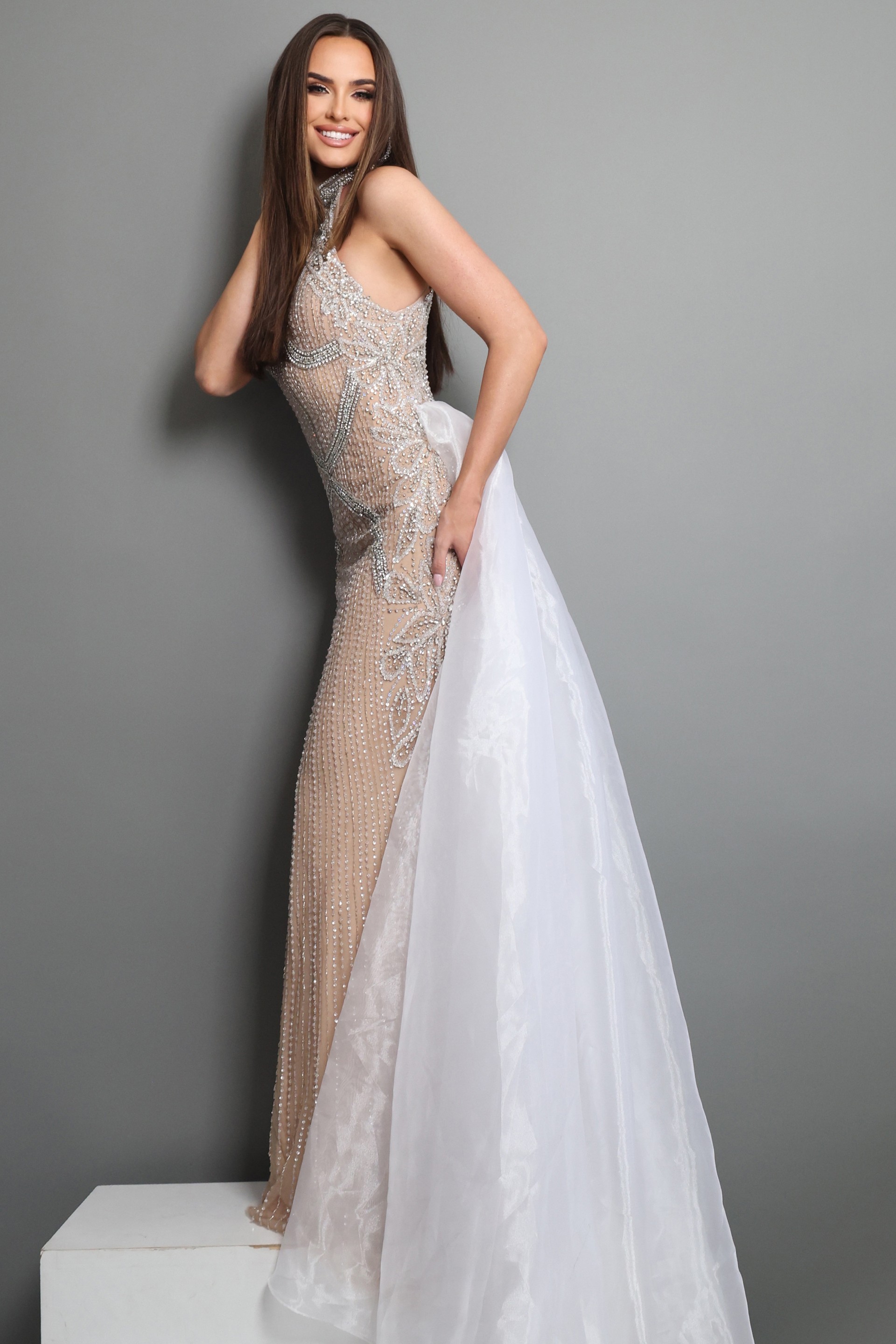 nude silver sheath long dress with high neck halter beaded overskirt