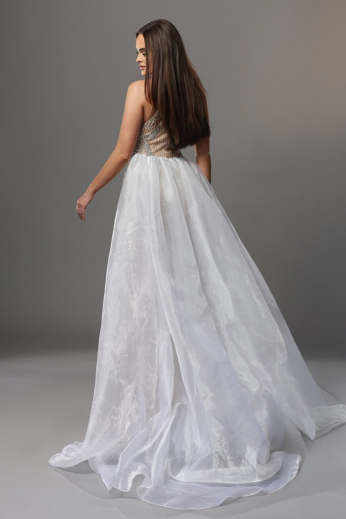 nude silver sheath long dress with high neck halter beaded overskirt