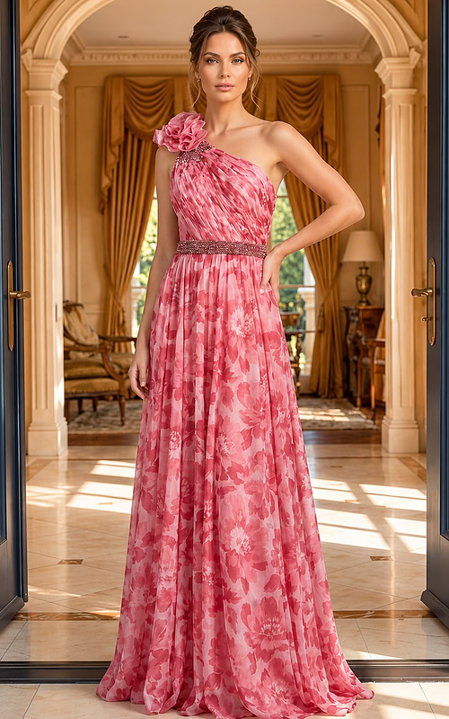 pink floral print chiffon one shoulder gown with rosette and beaded belt