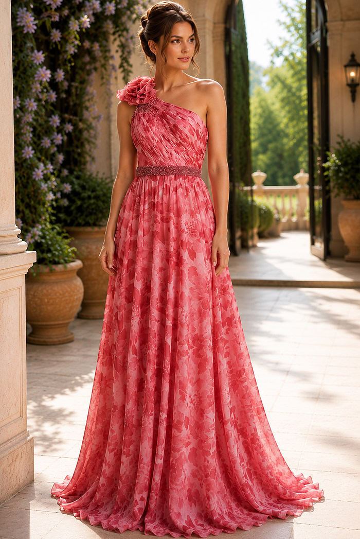Elegant Printed Chiffon Formal Dress With Rosette Shoulder Detail
