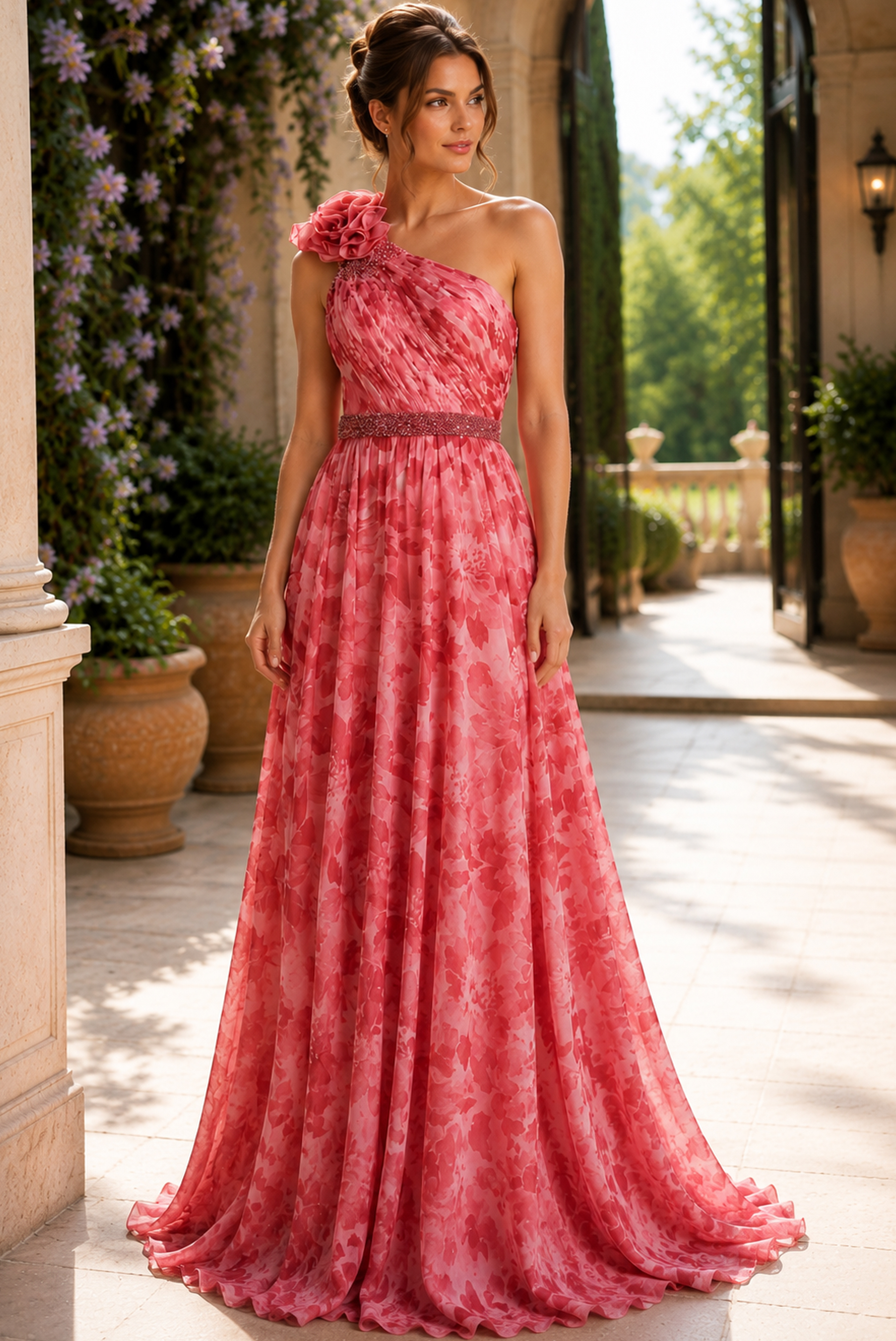 Elegant Printed Chiffon Formal Dress With Rosette Shoulder Detail