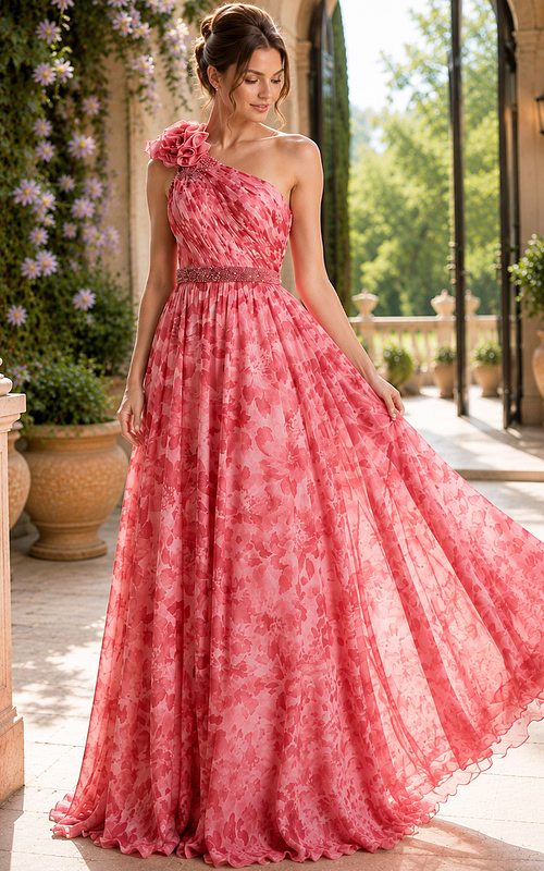 Romantic One Shoulder Maxi Gown With Soft Pleated Fabric