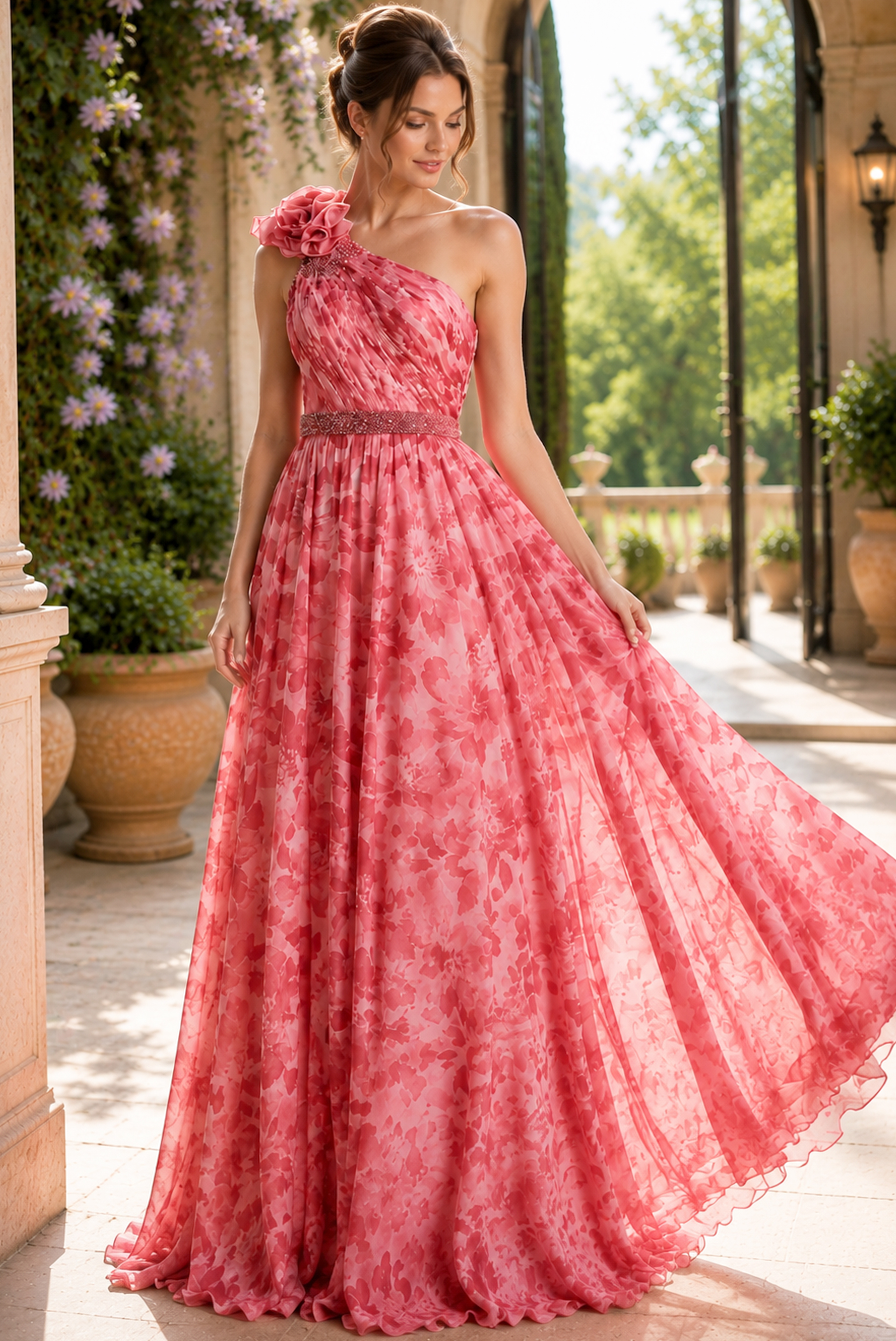 Romantic One Shoulder Maxi Gown With Soft Pleated Fabric