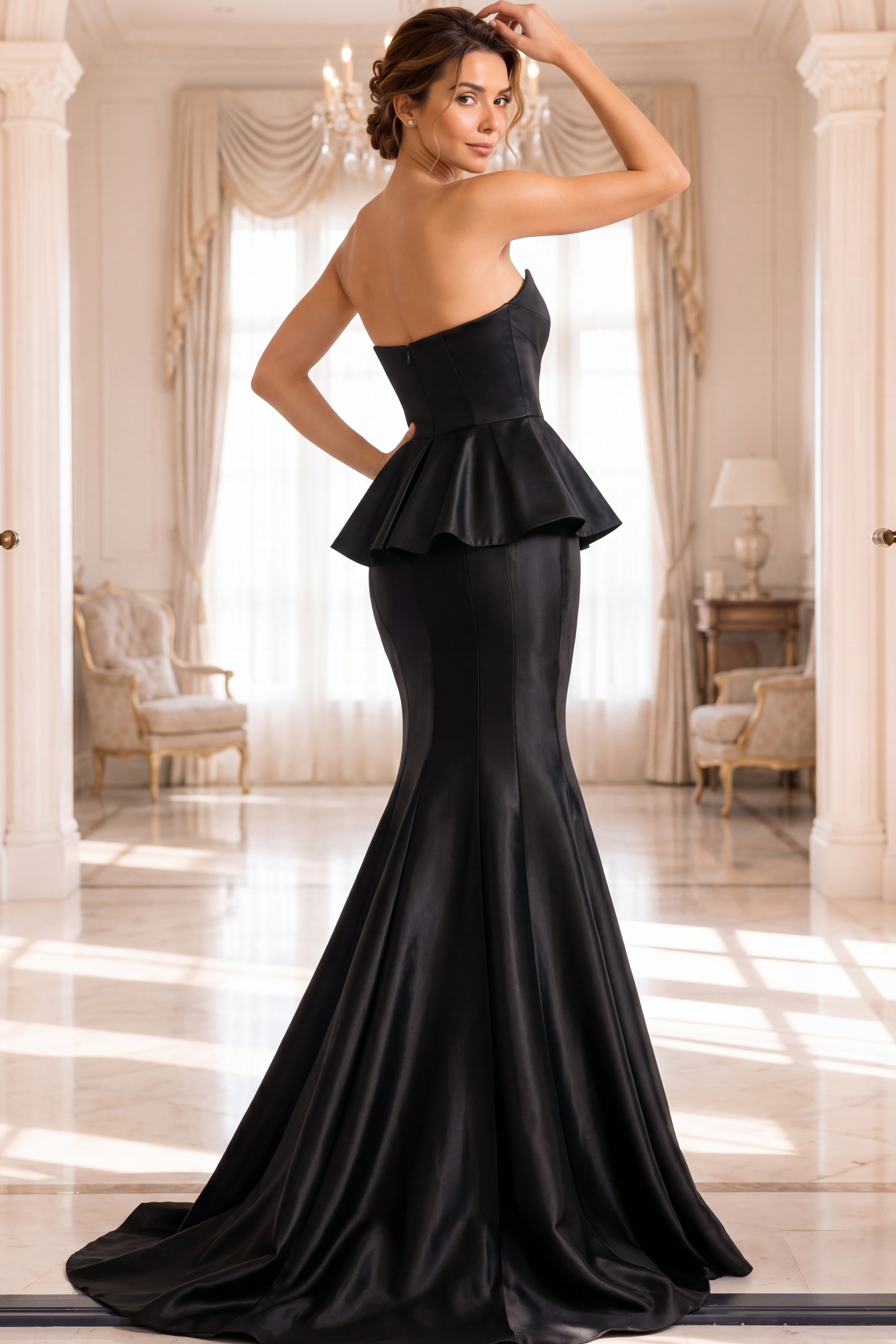 black formal dress with fitted silhouette, dramatic peplum detail.
