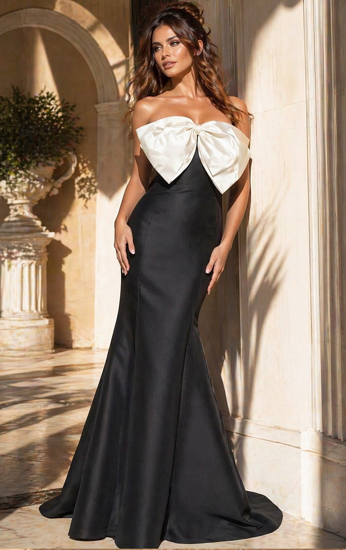 strapless black and white dress with bow detail 49078