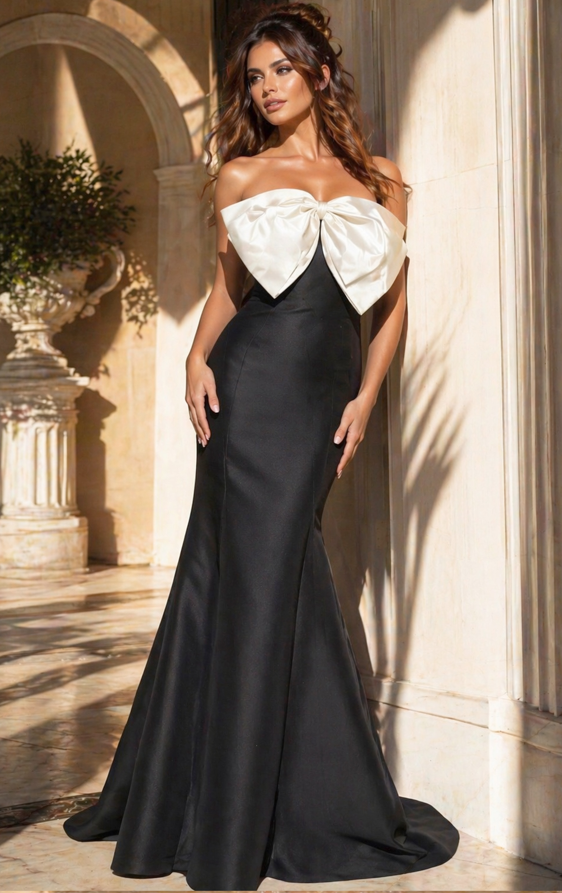 strapless black and white dress with bow detail 49078