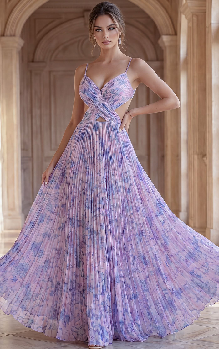 Pleated Printed Gown with Crisscross Bodice 49161