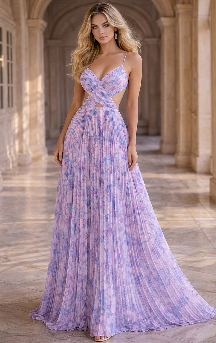 sleeveless formal gown with plunging neckline and fitted long design