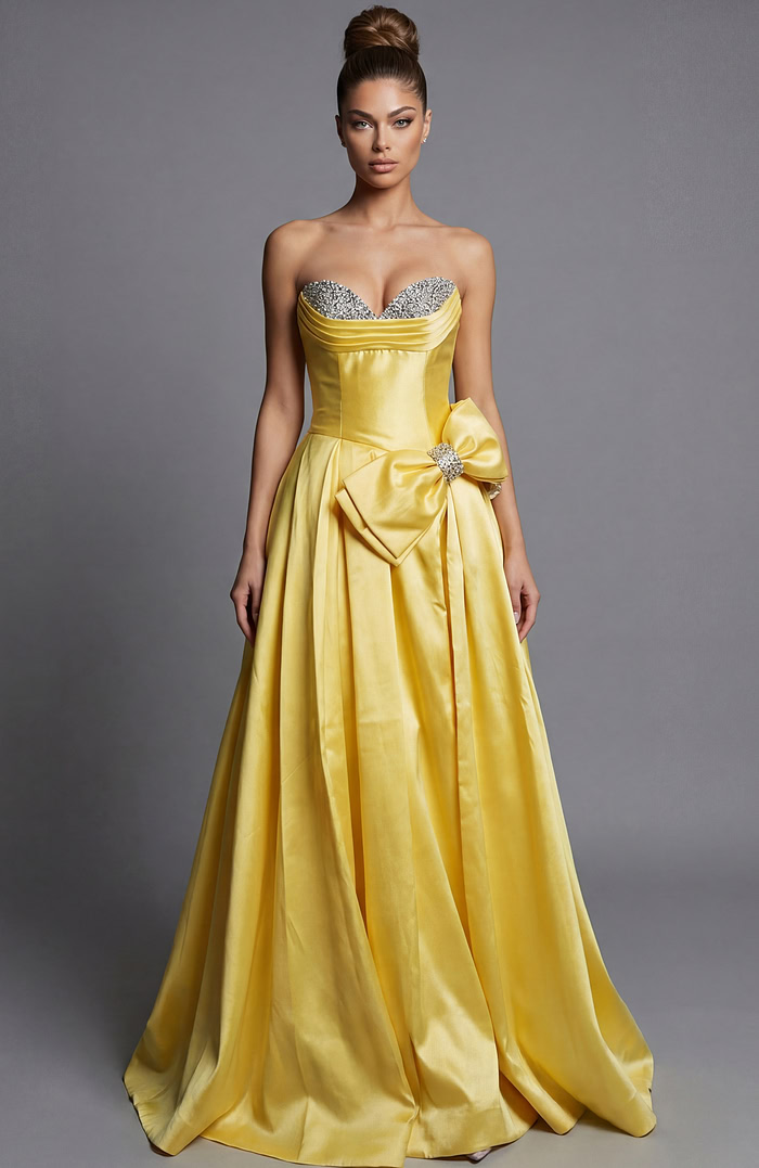 yellow Satin Gown with Bow Detail and Slit 49196