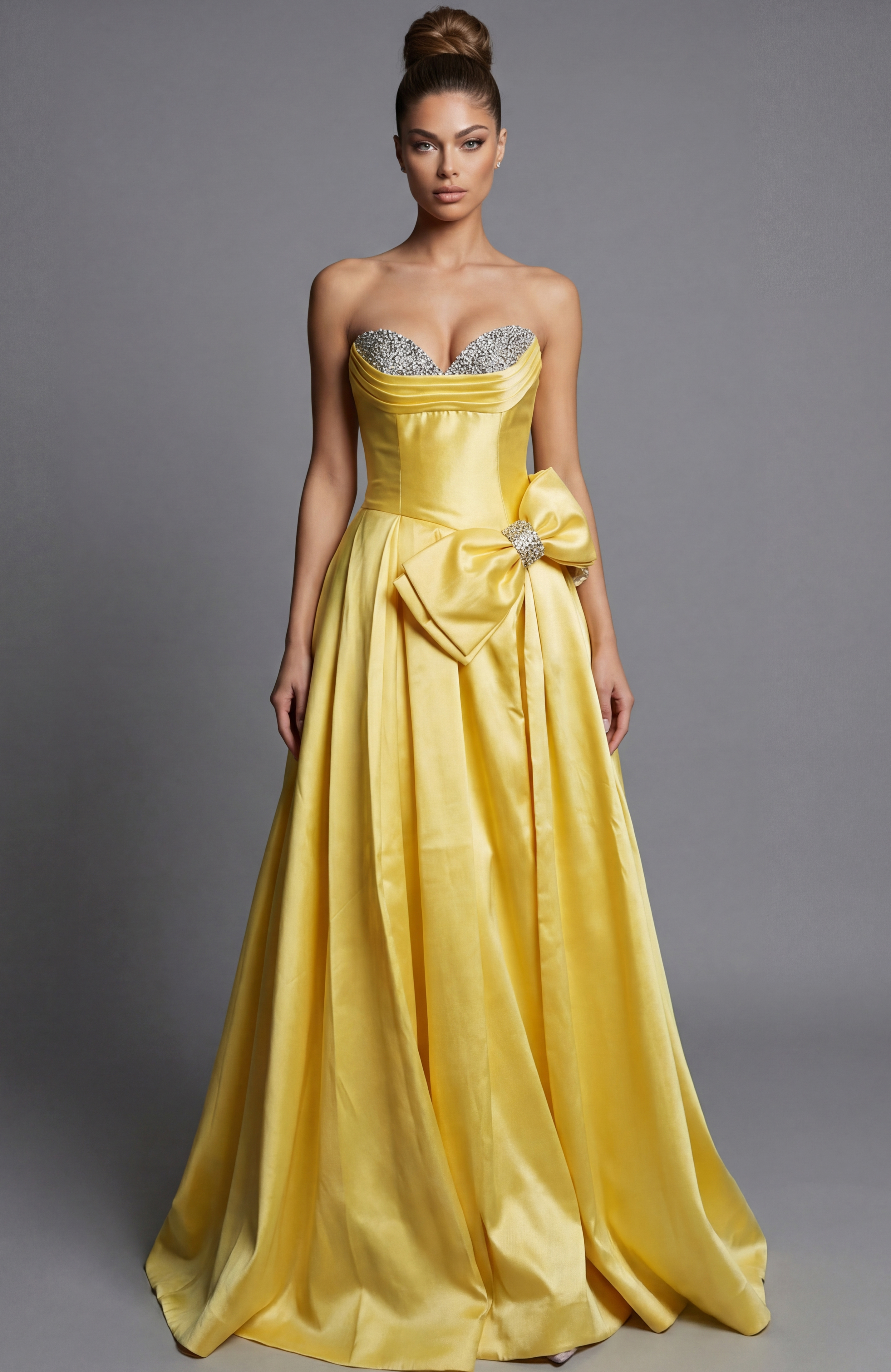 yellow Satin Gown with Bow Detail and Slit 49196