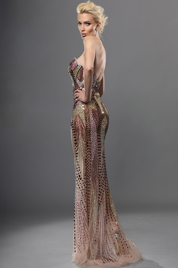bronze gold sheath long dress with plunging v neck sequin high slit sheer