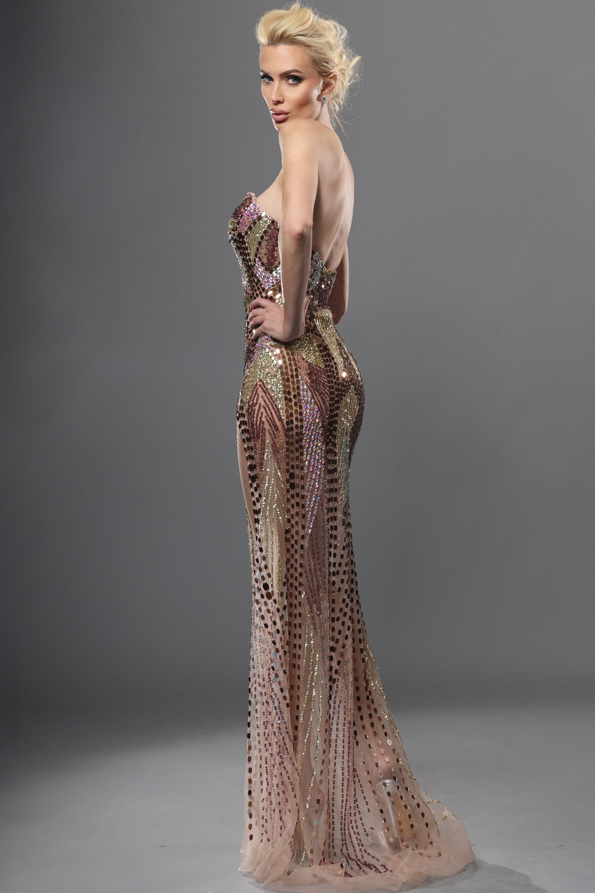 bronze gold sheath long dress with plunging v neck sequin high slit sheer