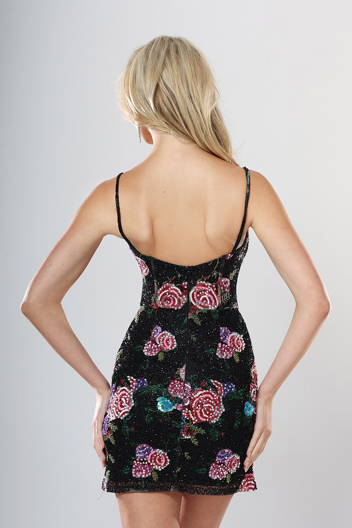 back view of black multicolor floral sequin fitted short homecoming dress with sweetheart neckline, keyhole front and spaghetti straps, Jovani style 49235