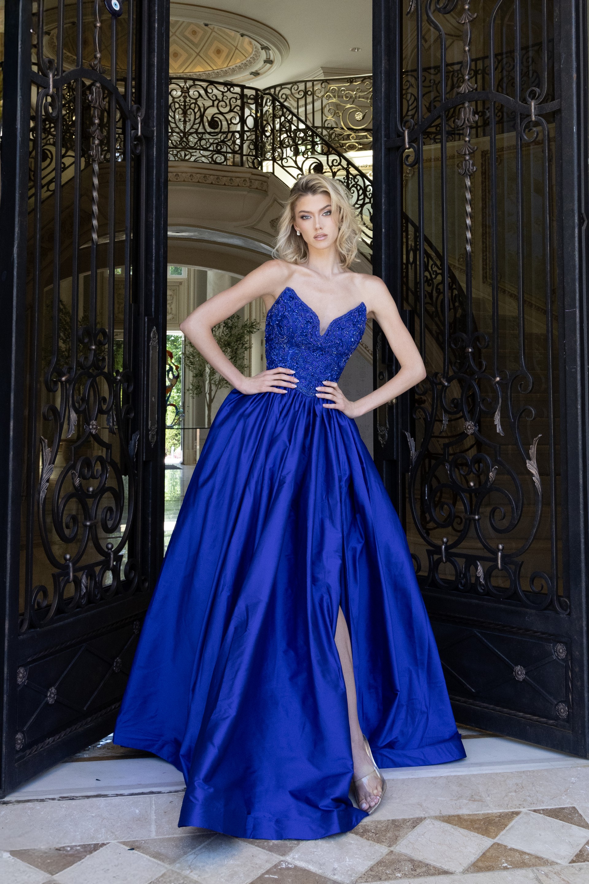 beaded ball gown with high slit