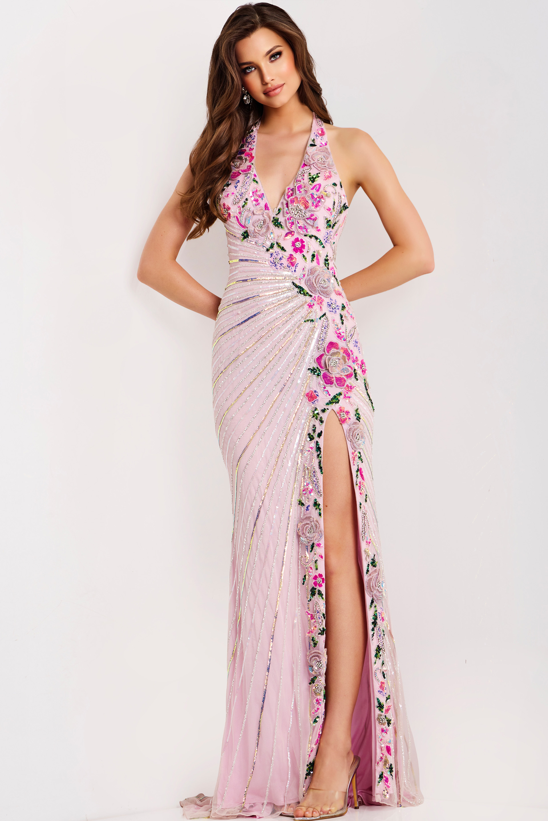 v neck high slit dress 49254