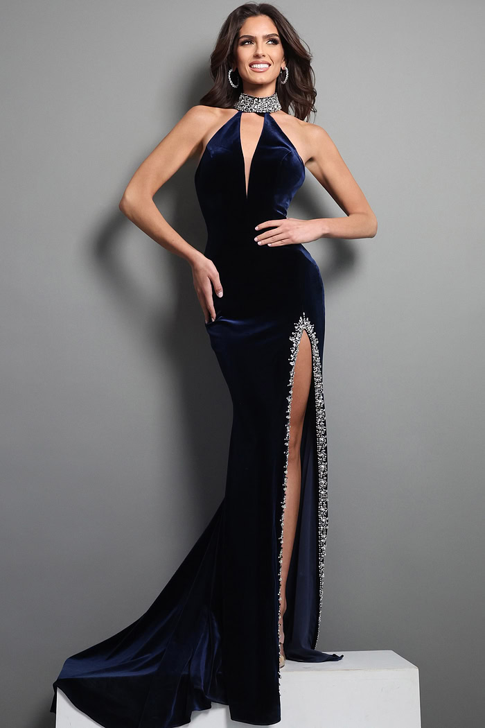 velvet halter gown with beaded slit and open back