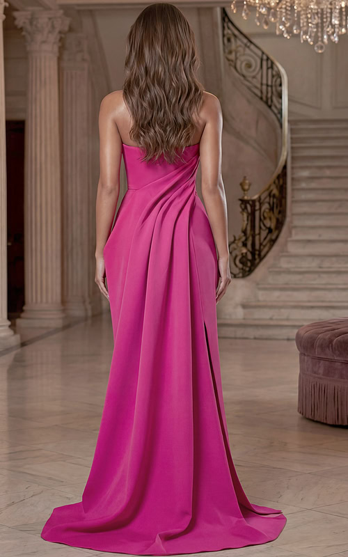 Back view of floor length satin gown with smooth flowing skirt