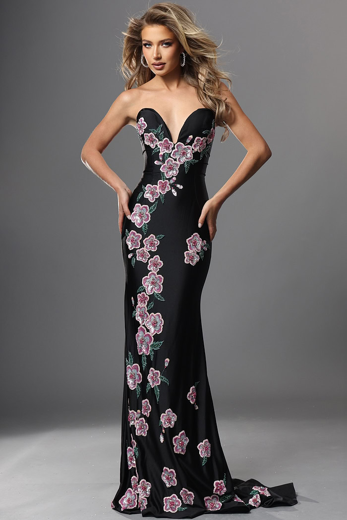 black sheath long dress with strapless sweetheart sequin floral