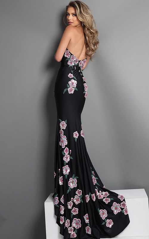 black sheath long dress with strapless sweetheart sequin floral