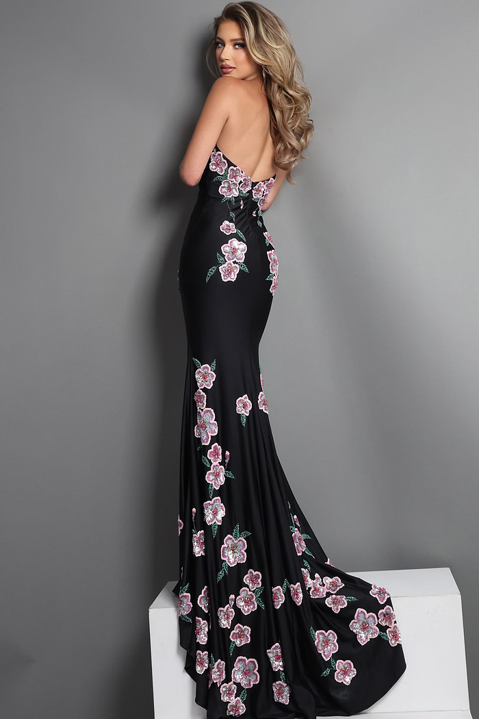 black sheath long dress with strapless sweetheart sequin floral