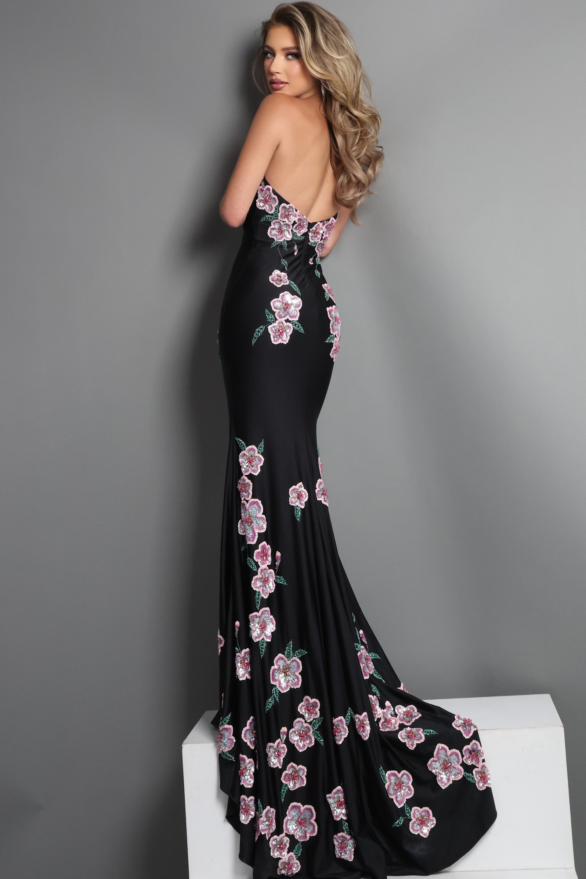 black sheath long dress with strapless sweetheart sequin floral