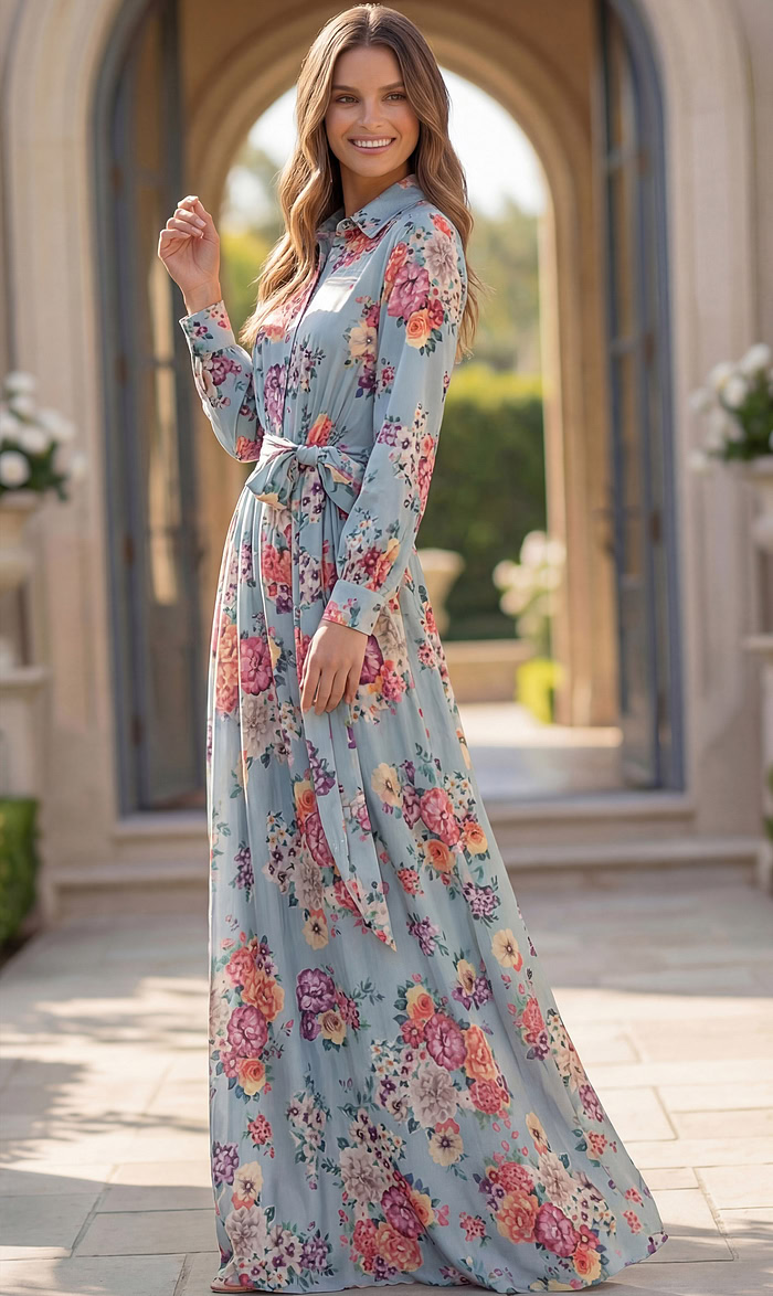 Floral Print Long Sleeve Chiffon Gown 49470