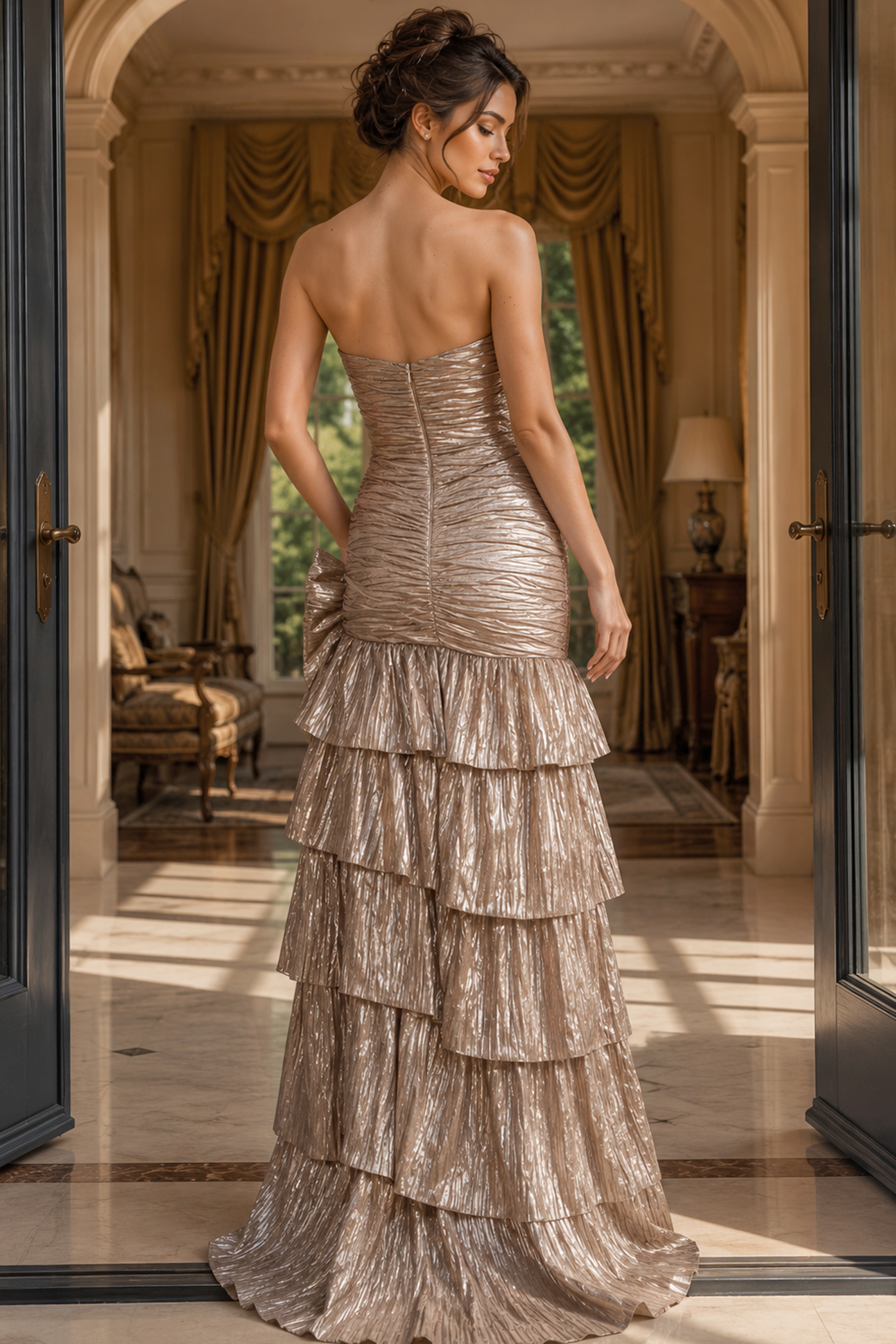 back of ruched bodice metallic layered dress 49475