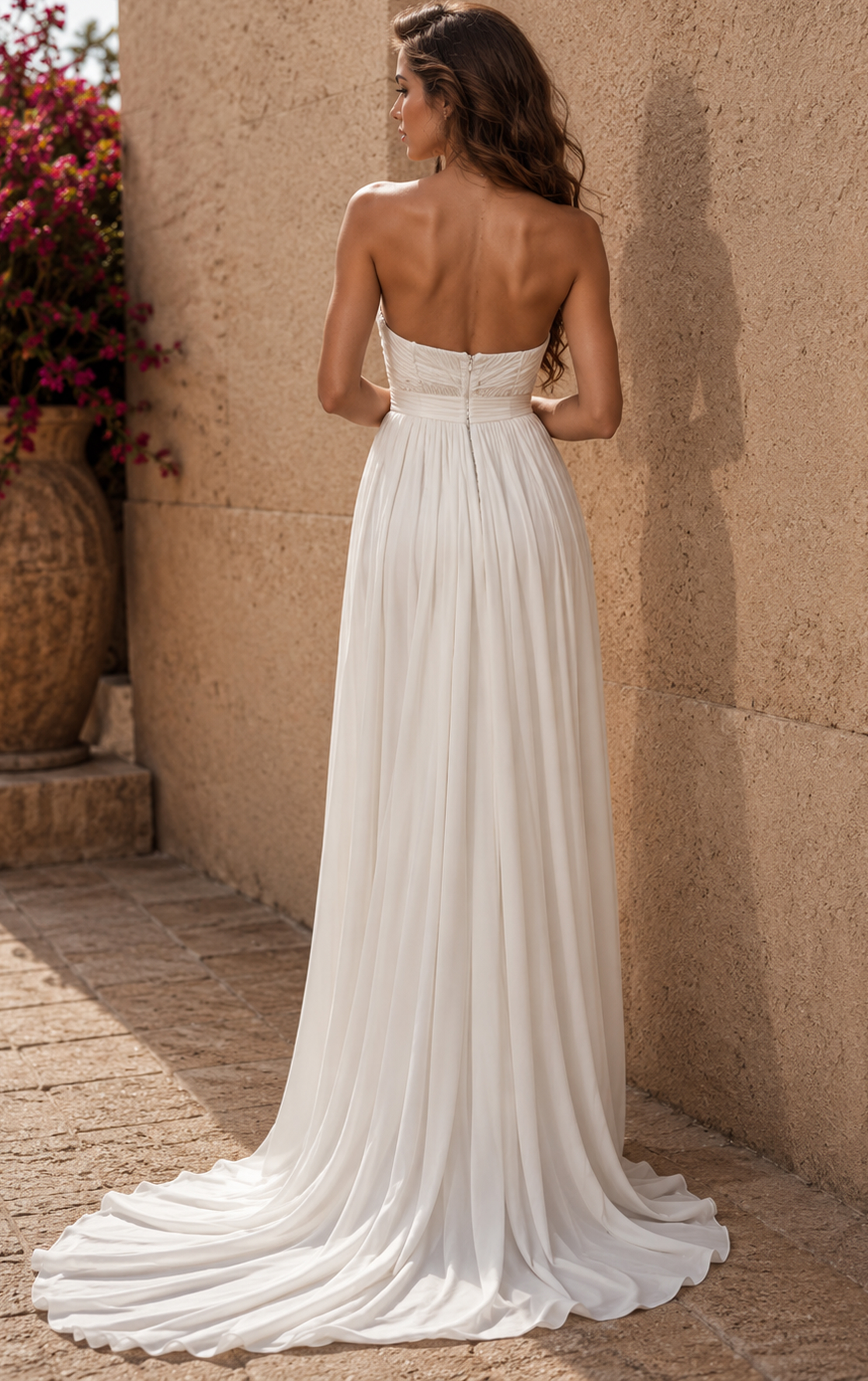 white ruched strapless gown with sweetheart neckline and high slit