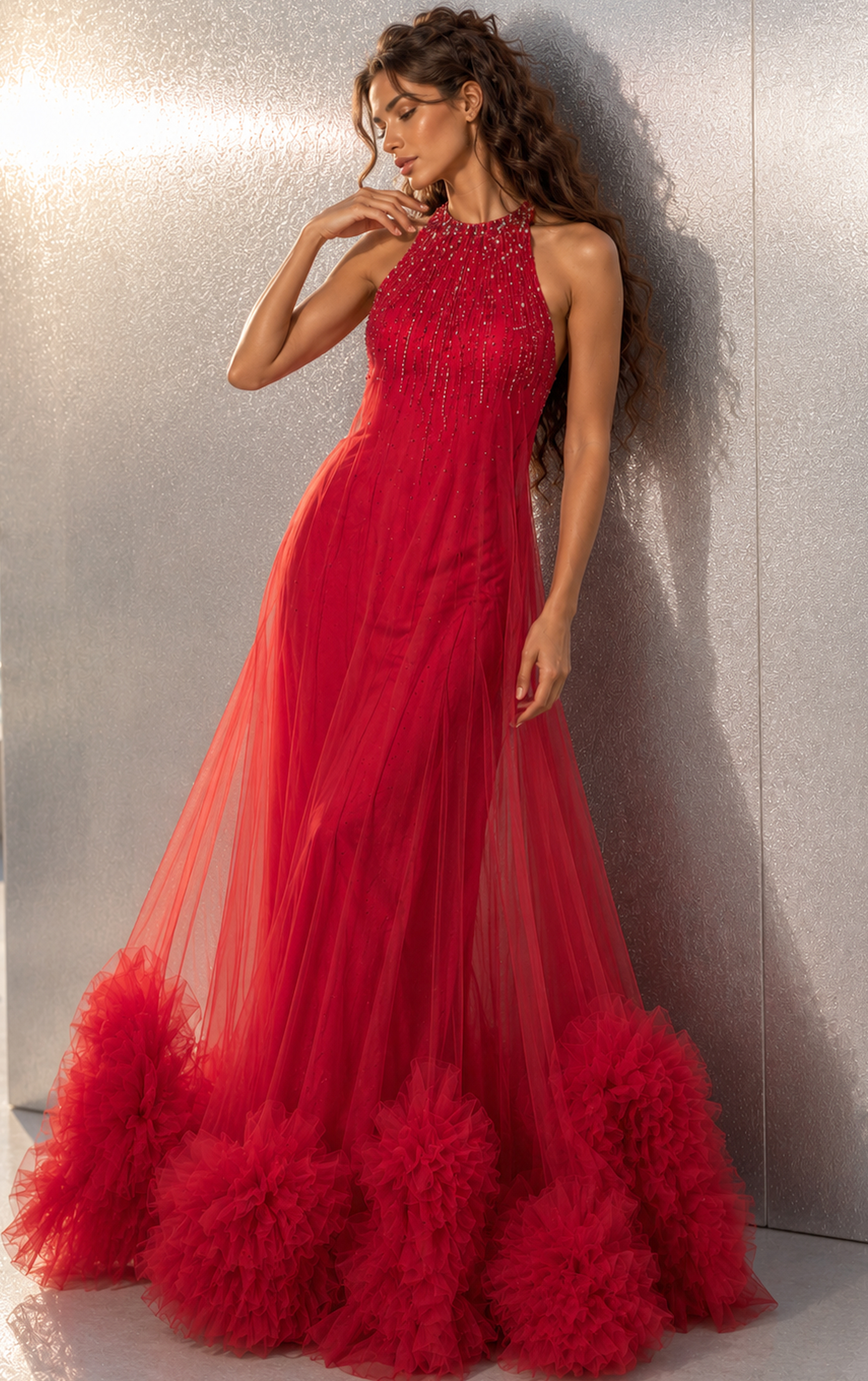 red tulle halter ball gown with beaded bodice and pom pom ruffle hem