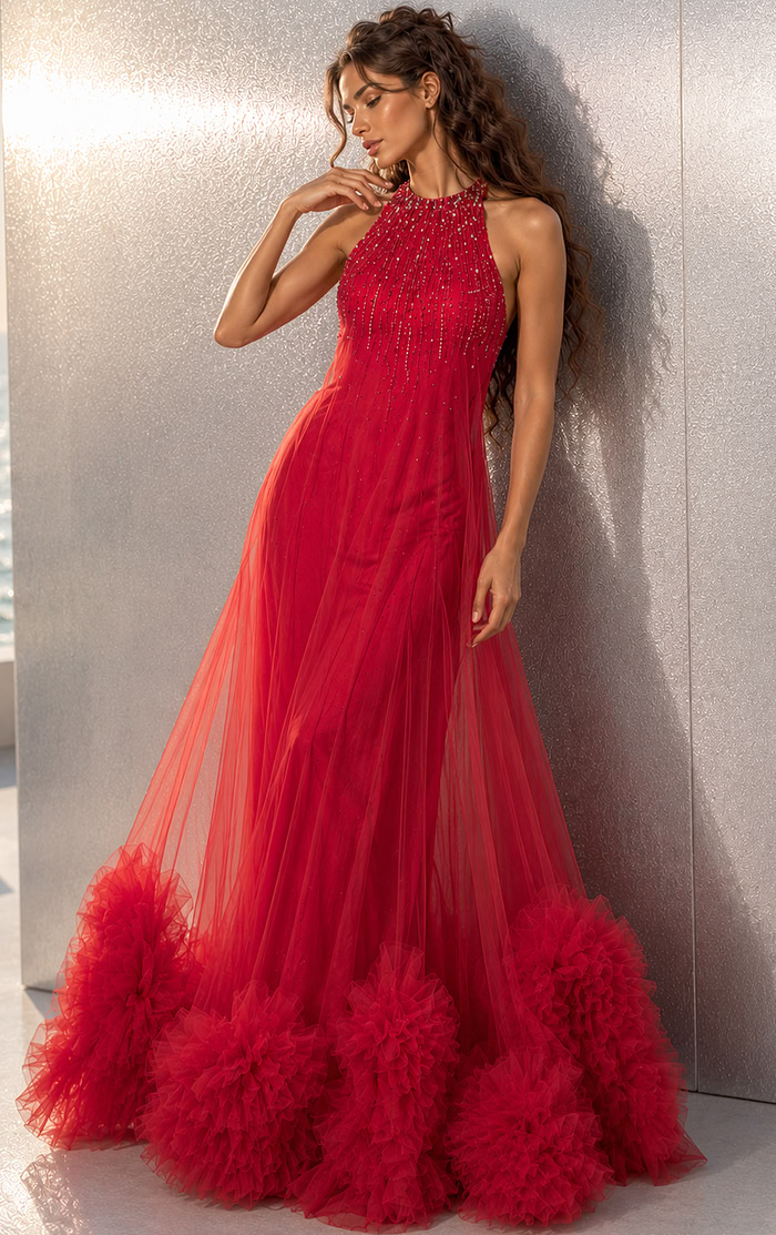 red tulle halter ball gown with beaded bodice and pom pom ruffle hem